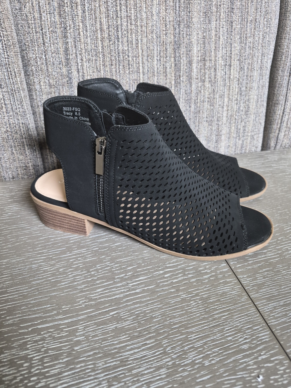 Black Perforated Open-Toe Mules with Side Zip